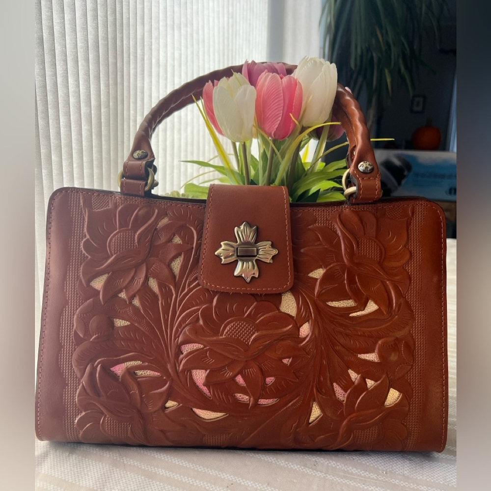 Patricia Nash Brown Tooled Leather Satchel